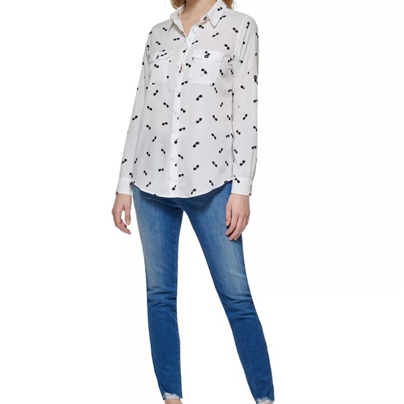 Karl Lagerfeld White Black Sunglasses Roll Tab Sleeve Button Up Collar Blouse XS - Picture 2 of 15